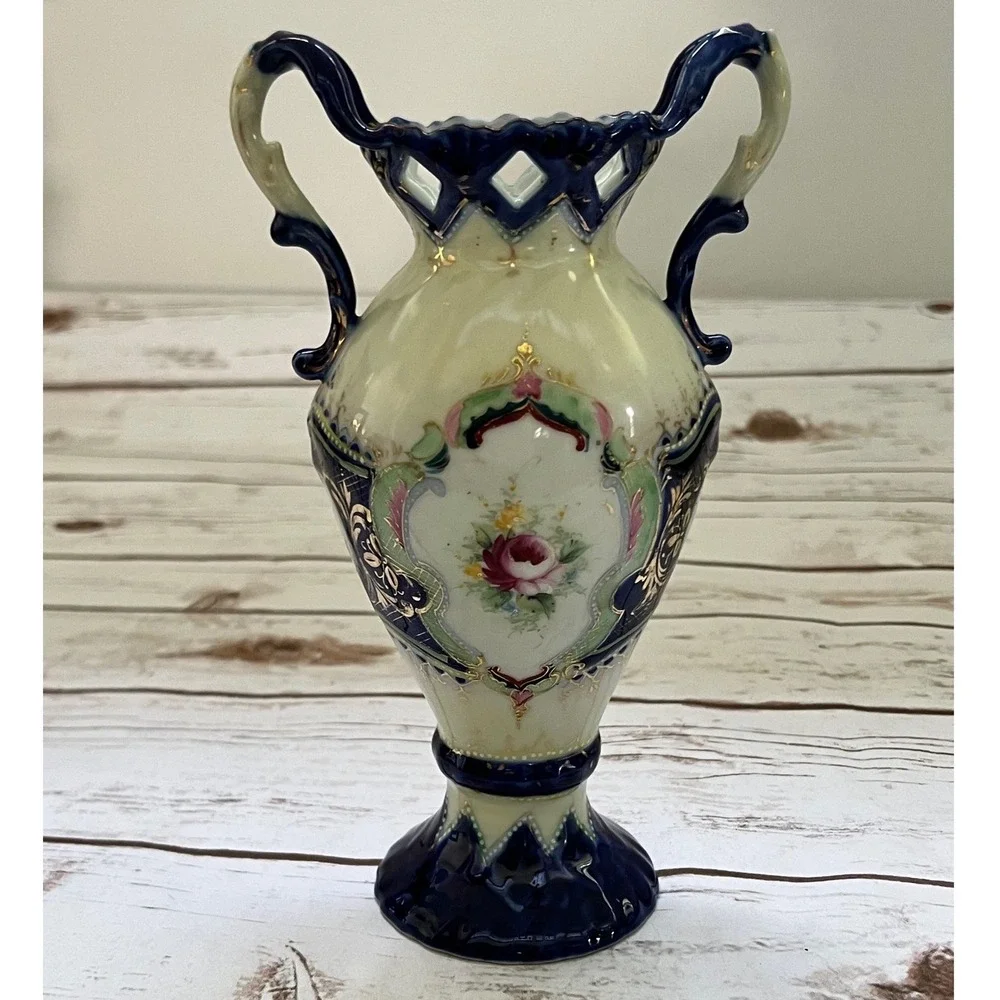 Porcelain Vase Cobalt Blue Gold Gilt Portrait Floral 9.25in
